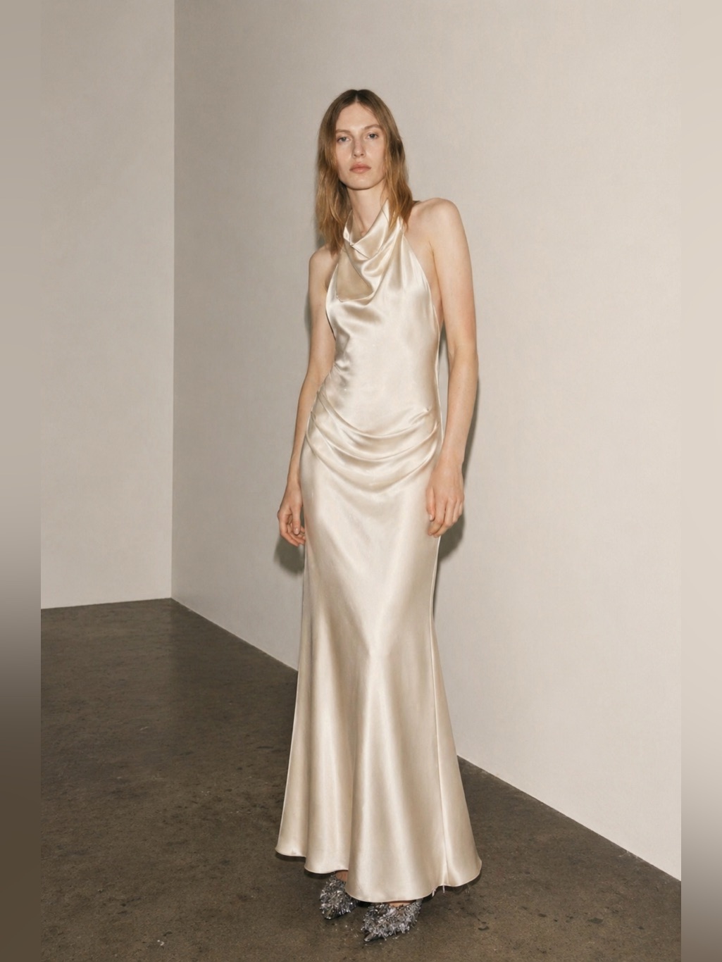 Nwt Zara Satin Effect Scarf Halter-Neck Long Dress In Cream Ivory Size Xs